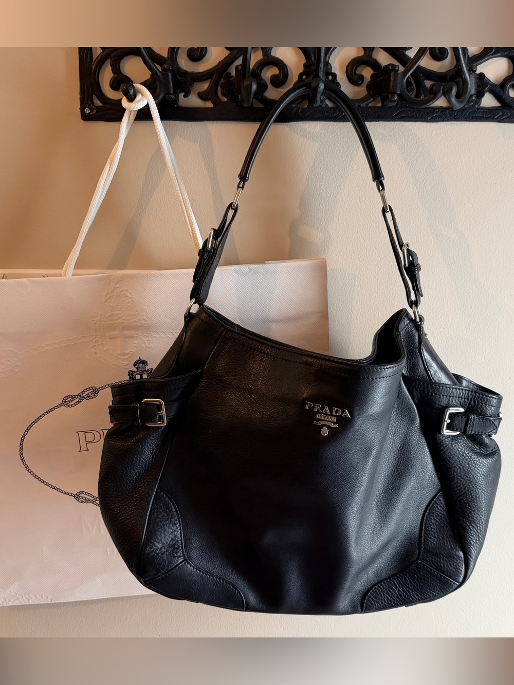 Prada Black Vitello Hobo Shoulder Bag